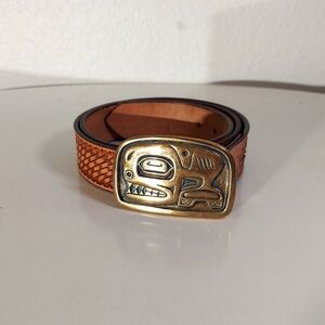 Vintage Tooled Tan Leather Rustic Belt With Brass Orca Buckle Men's Size 38